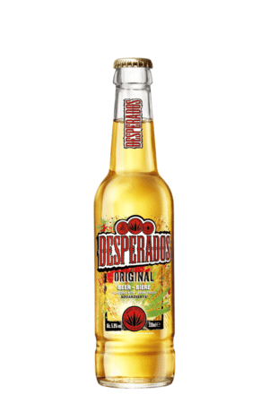 Bottle of Desperados Original beer with a gold cap and colorful label is shown.