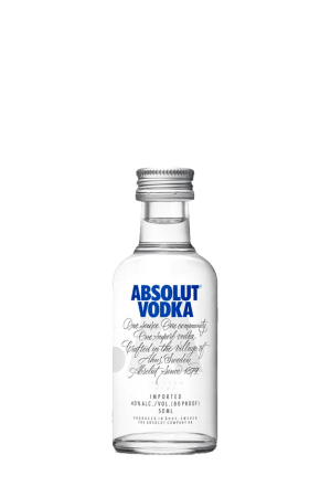 Small clear bottle of Absolut Vodka with a blue 'ABSOLUT VODKA' label and metal cap on top of the bottle.