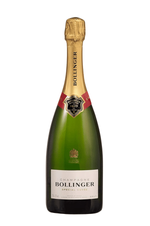 Champagne Bollinger Special Cuvée bottle with gold foil and white label, Brut.