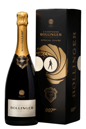 Bollinger champagne bottle with gold foil next to a black packaging box featuring 007 branding and gold details.
