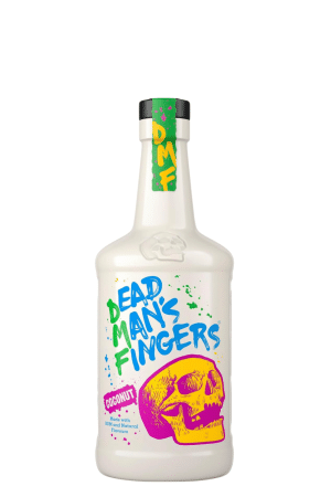 Bottle of Dead Man's Fingers Coconut rum, white with bright blue logo and a yellow skull graphic; coconut flavor label visible.