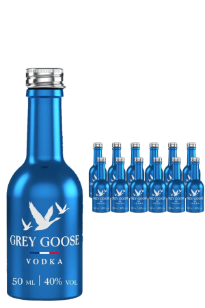 Large blue Grey Goose vodka bottle in the foreground with a row of smaller bottles behind it, labeled 50 ml, 40% ABV.