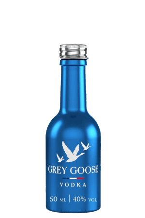 Blue bottle of Grey Goose vodka with white goose logo; label reads GREY GOOSE VODKA, 50 ml, 40% ABV.