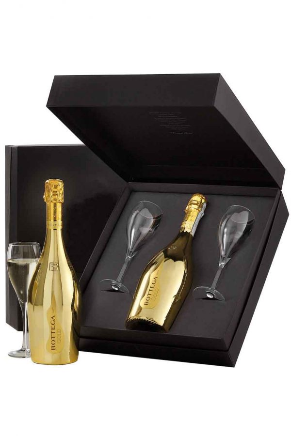 Bottega Black Gold Prosecco Gift Set with 2 Glasses 75cl VIP Bottles