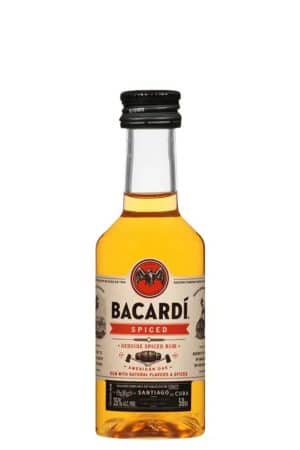 Bottle of Bacardi Spiced Rum with bat logo on the label, amber liquid visible through glass, black cap.