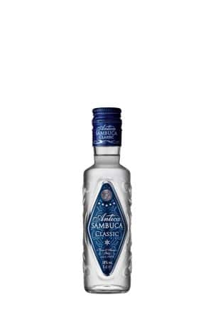 Bottle of Antica Sambuca Classic with blue label, centered on a white background, 38% ABV (5 cl).