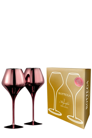 Two ruby-red wine glasses next to a gold Bottega Magnifico wine glasses box.