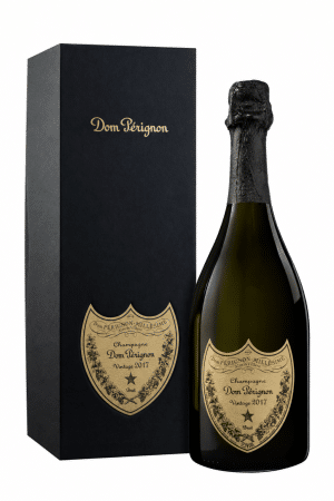 Dom Pérignon champagne bottle with black gift box and gold label, Vintage 2017
