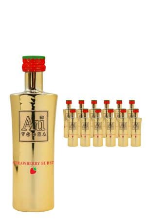 Large gold bottle labeled Au Vodka, Strawberry Burst flavor, with a cluster of smaller gold bottles in the background.