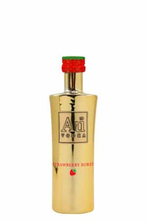 Gold metallic bottle of Au Vodka Strawberry Burst with a red cap; label reads 'Au Vodka' and there is a small strawberry icon.