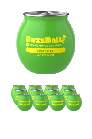 BuzzBallz Lime ’Rita ready-to-go cocktail in a large green ball with several smaller green cans below.