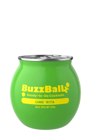 BuzzBallz lime Rita ready-to-go cocktail can, bright green with yellow logo and 15% alcohol by volume