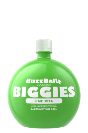 Bright green BuzzBallz Biggies Lime Rita cocktail ball bottle with white cap, shows brand and flavor clearly (3D product shot).