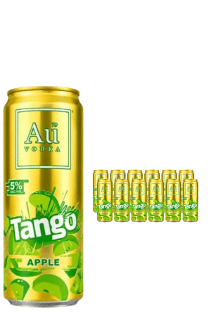 Large gold can labeled Tango Apple vodka with a cluster of smaller Tango Apple cans to the right.