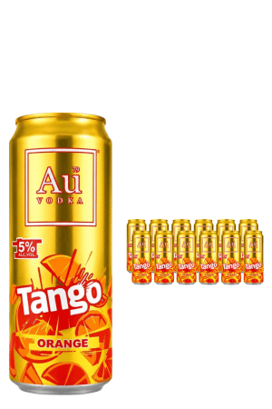 Large gold can with 'Au Vodka' and 'Tango Orange' branding; a group of smaller Tango Orange cans in the background, set against a white backdrop.