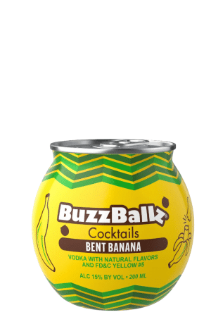 BuzzBallz Bent Banana cocktail can with a bright yellow label and green chevron design, shown front and center.