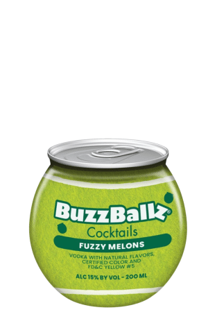 Bright green BuzzBallz cocktails can labeled 'Fuzzy Melons' with 15% ABV