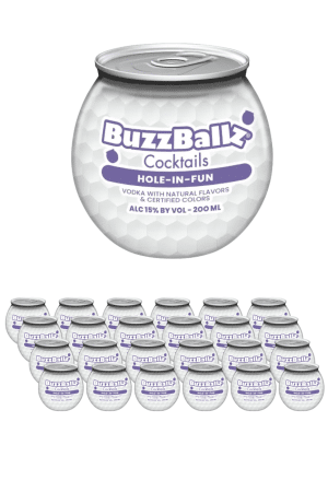 Large BuzzBallz Cocktails Hole-in-Fun can with white honeycomb pattern and a row of smaller BuzzBallz cocktail cans beneath.