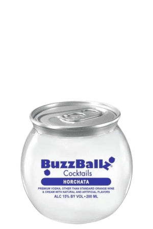 Round, transparent BuzzBallz container with a silver pull-tab lid; label reads 'BuzzBallz Cocktails Horchata' and notes 200 ml, vodka-based premixed cocktail.