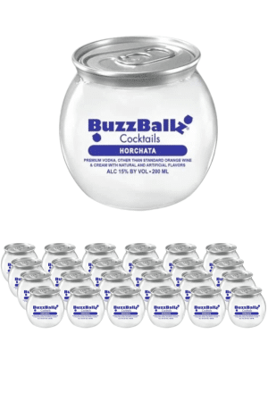 Glass BuzzBallz Horchata cocktail jar on a white background, with rows of BuzzBallz cans arranged below.