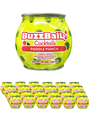 Bright lime-green BuzzBall Cocktails Paddle Punch can with red logo, shown alongside a row of smaller BuzzBall Paddle Punch cans; 15% ABV, 200 ml.