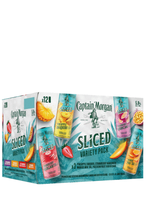 Captain Morgan Sliced Variety Pack box with multiple fruit-flavored malt beverages pictured, including pineapple daiquiri and strawberry margarita flavors.