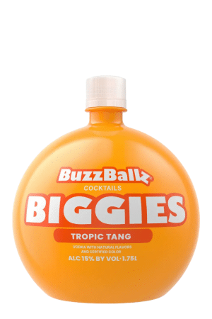 Orange BuzzBallz Biggies Tropic Tang cocktail bottle with white cap, showing branding and 15% ABV (1.75 L).