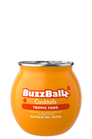 Orange BuzzBallz Tropic Tang cocktail can with a silver lid, labeled as ready-to-drink vodka cocktail 15% ABV (200 ml).