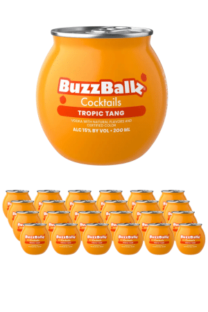 Orange BuzzBallz Tropic Tang cocktail can in the foreground with a row of smaller BuzzBallz cans behind it.
