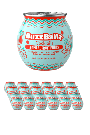 Large turquoise BuzzBallz Tropical Fruit Punch cocktail can with a row of matching mini cans beneath