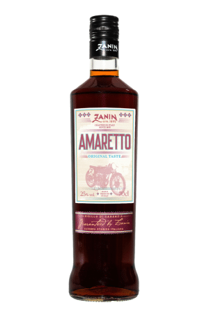 Bottle of Zanin Amaretto liqueur with vintage label and black cap, displayed upright.