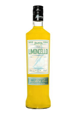 Bottle of Zanin Limoncello with yellow liquid and label reading Limoncello, 25% ABV, 70 cl, Italian origin