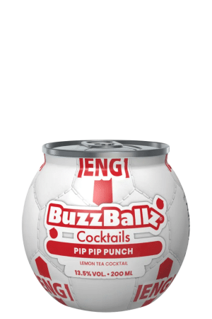 BuzzBallz Cocktails Pip Pip Punch Lemon Tea Cocktail in a white soccer-ball–shaped can with red logo, 200 ml, 13.5% ABV