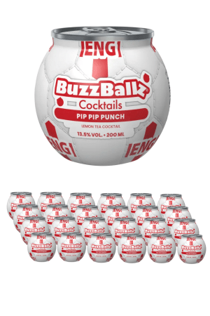 Large white BuzzBallz Pip Pip Punch cocktail can with red logo, set above a cluster of smaller BuzzBallz cans