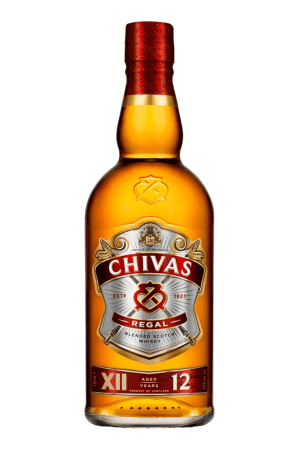 Bottle of Chivas Regal 12-year-old blended Scotch whisky with red label and gold cap on white background.