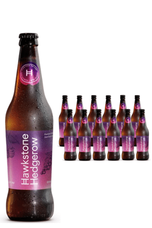 Large bottle of Hawkstone Hedgegow beer in foreground with a row of smaller bottles in the background, all with purple labels.