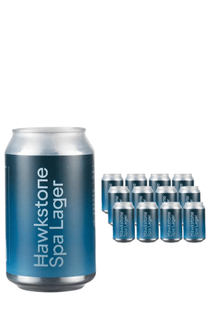 Large blue can labeled Hawkstone Spa Lager with several smaller cans arranged to the right.