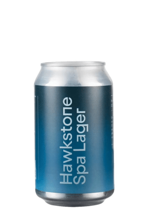Blue gradient aluminum beer can with vertical white text reading Hawkstone Lager on the label.