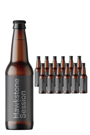 Large beer bottle labeled Hawstone Session with a row of smaller bottles beside it.