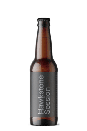 Brown glass beer bottle on a white background with a vertical gray label reading 'Hawstone Session' (beer bottle branding visible).