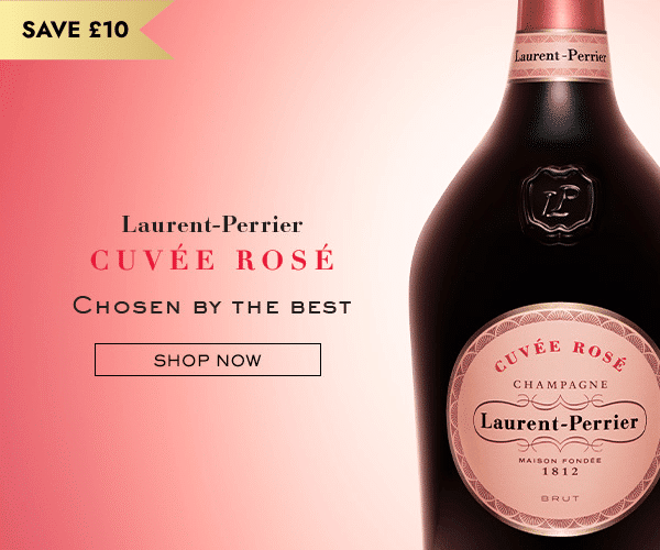 Promotional banner for Laurent-Perrier Cuvée Rosé champagne with gradient pink background, bottle on the right, and text: 'SAVE £10', 'Chosen by the Best', and a 'Shop Now' button.