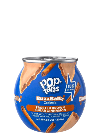 Blue BuzzBallz cocktail can labeled Pop-Tarts BuzzBallz Cocktails Frosted Brown Sugar Cinnamon, 15% ABV, 200 ml, with cinnamon sticks on the label.