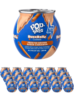 Blue BuzzBallz can for Pop-Tarts Frosted Brown Sugar Cinnamon cocktail, 15% ABV, with cinnamon sticks, shown above a row of many smaller BuzzBallz cans.
