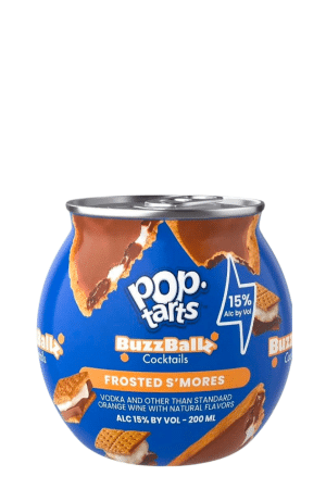 Blue BuzzBalls cocktail can shaped like a Pop-Tarts tin, labeled Frosted S'mores, 15% ABV, 200 ml