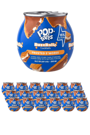 Blue BuzzBallz Cocktails Frosted S’mores flavor shown as a large blue jar with a row of cans beneath, 15% ABV