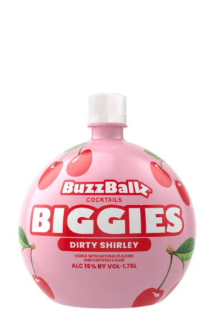 Pink BuzzBallz Biggies Dirty Shirley vodka cocktail ball bottle with white cap and cherry graphics on pink background