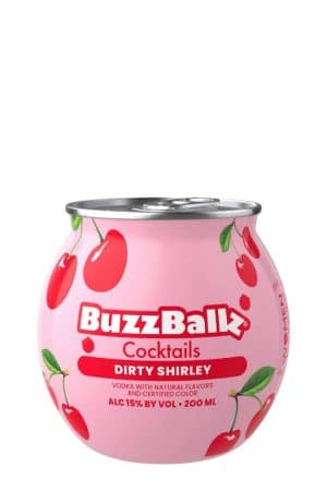 Pink BuzzBallz cocktail can with cherry graphics, label reads 'Dirty Shirley', 15% ABV, 200 ml.