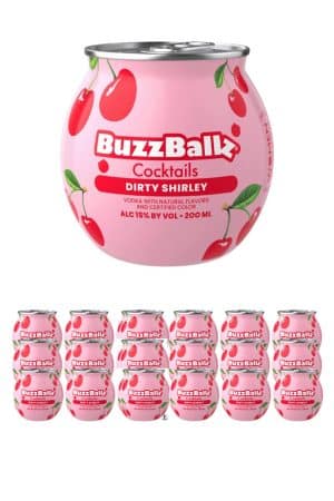 Pink BuzzBallz Dirty Shirley cocktail can with cherries, 200 ml; large close-up with a row of smaller cans below.
