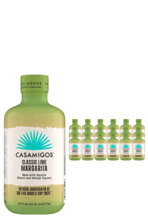 Large Casamigos Classic Lime Margarita bottle with a row of smaller bottles to the right on a white background. Label notes tequila-based liqueur.