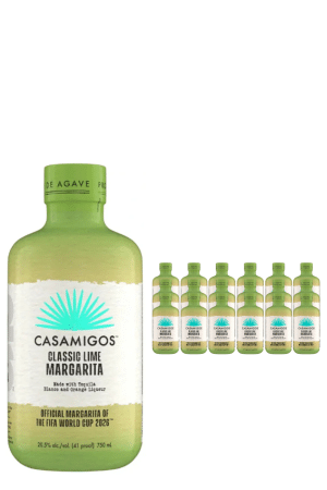 Large Casamigos Classic Lime Margarita bottle with a row of smaller bottles to the right; label mentions FIFA World Cup 2026.